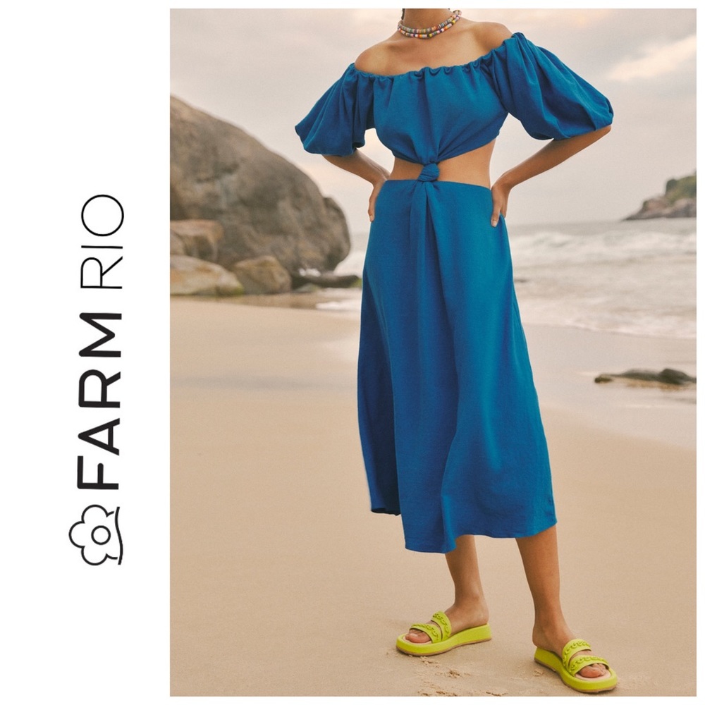 NWT FARM Rio Blue Midi Knot Linen Blend Dress S